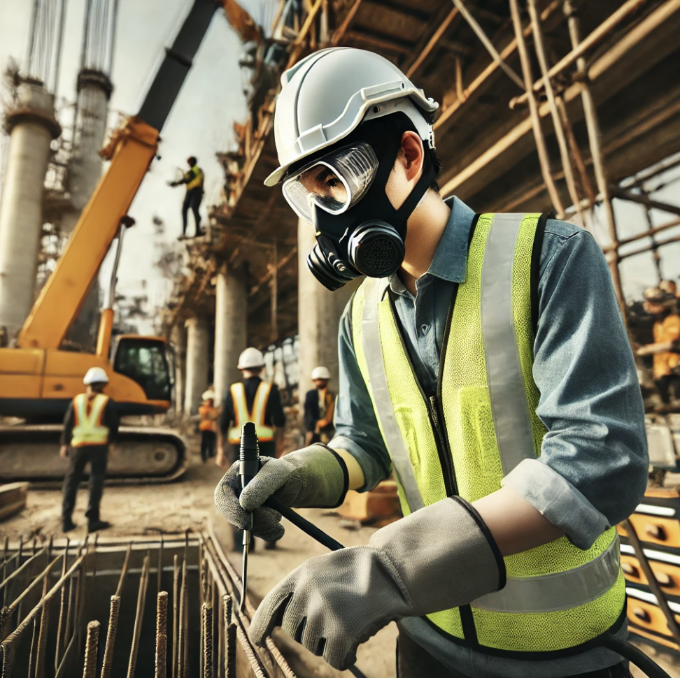 안전 장비를 착용한 건설 근로자가 현장에서 작업