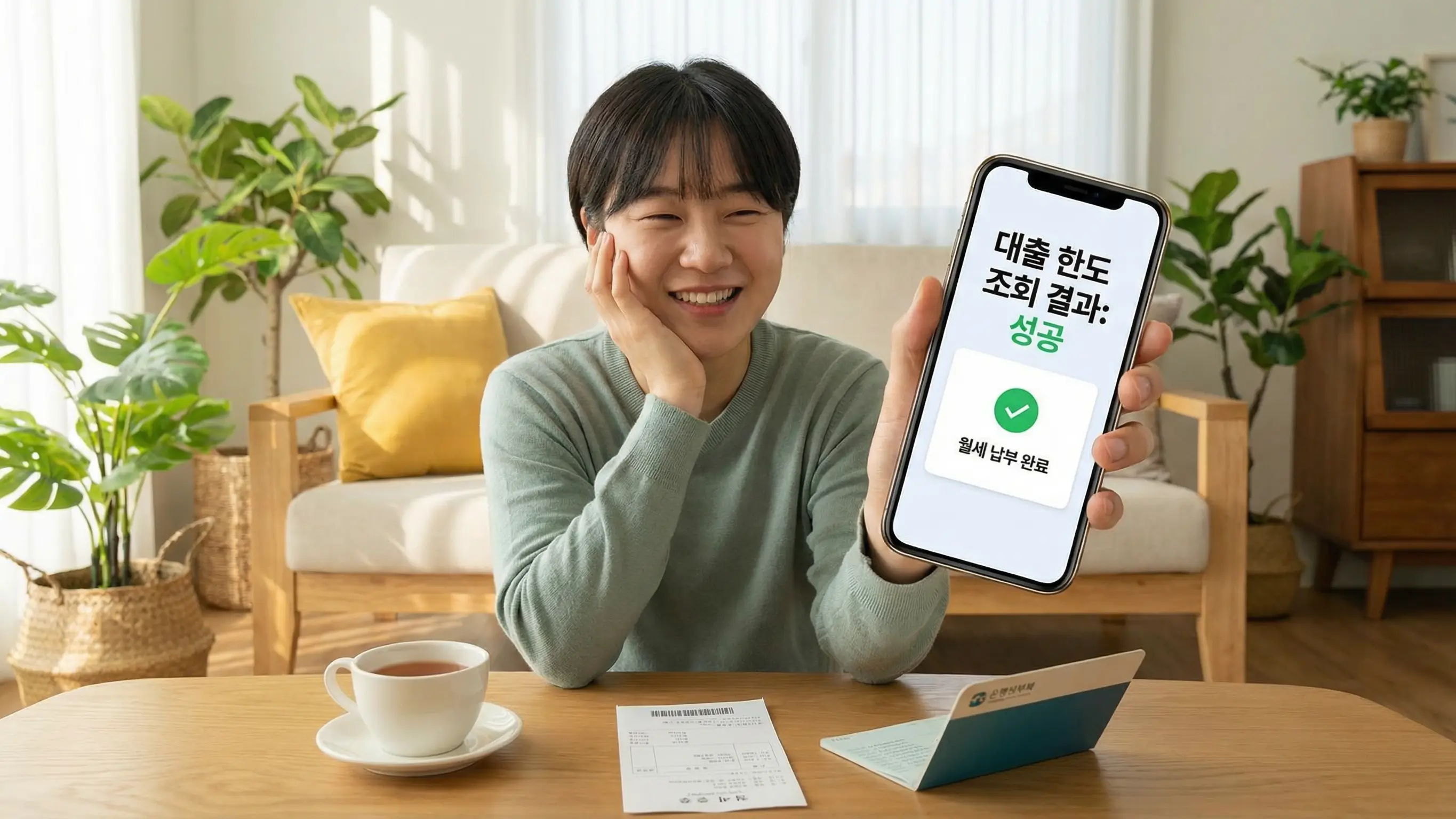 스마트폰으로 대출 한도 조회를 마치고 월세를 제때 납부하여 안도하는 편안한 모습