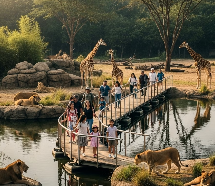 Everland River Trail Adventure walkway bridge over water with wildlife safari animals