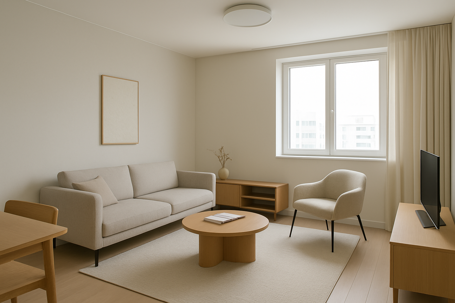 소형 아파트의 모던하고 미니멀한 거실 인테리어