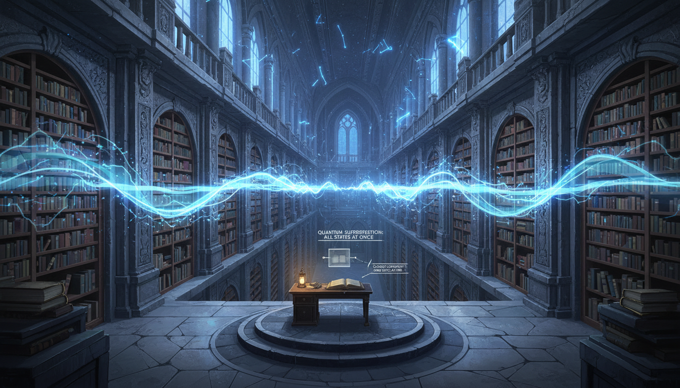 양자컴퓨터의 중첩 원리를 수만 권의 책을 동시에 찾는 거대한 도서관에 비유한 블루 그레이 톤의 개념 일러스트