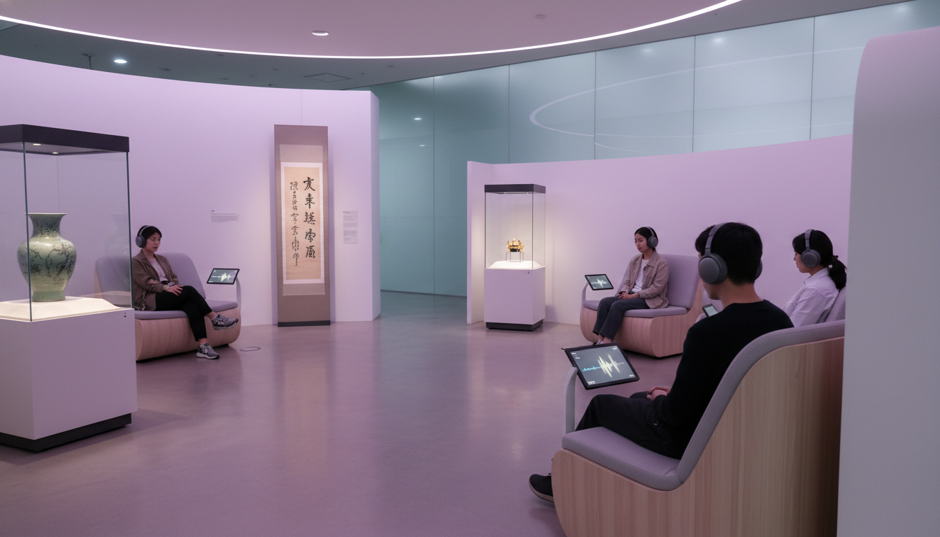 국립중앙박물관 내부에 조성된 블랙핑크 테마의 리스닝 존에서 관람객들이 헤드폰을 착용하고 유물을 감상하는 모습.