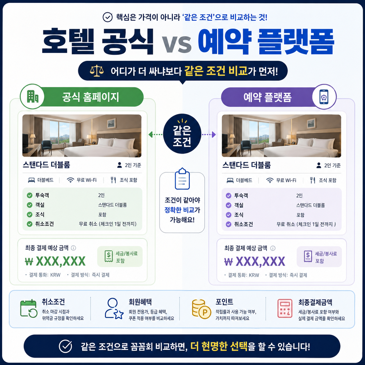 2026 호텔 공식 홈페이지와 예약 플랫폼의 가격 취소조건 회원혜택 포인트를 비교한 대표 이미지