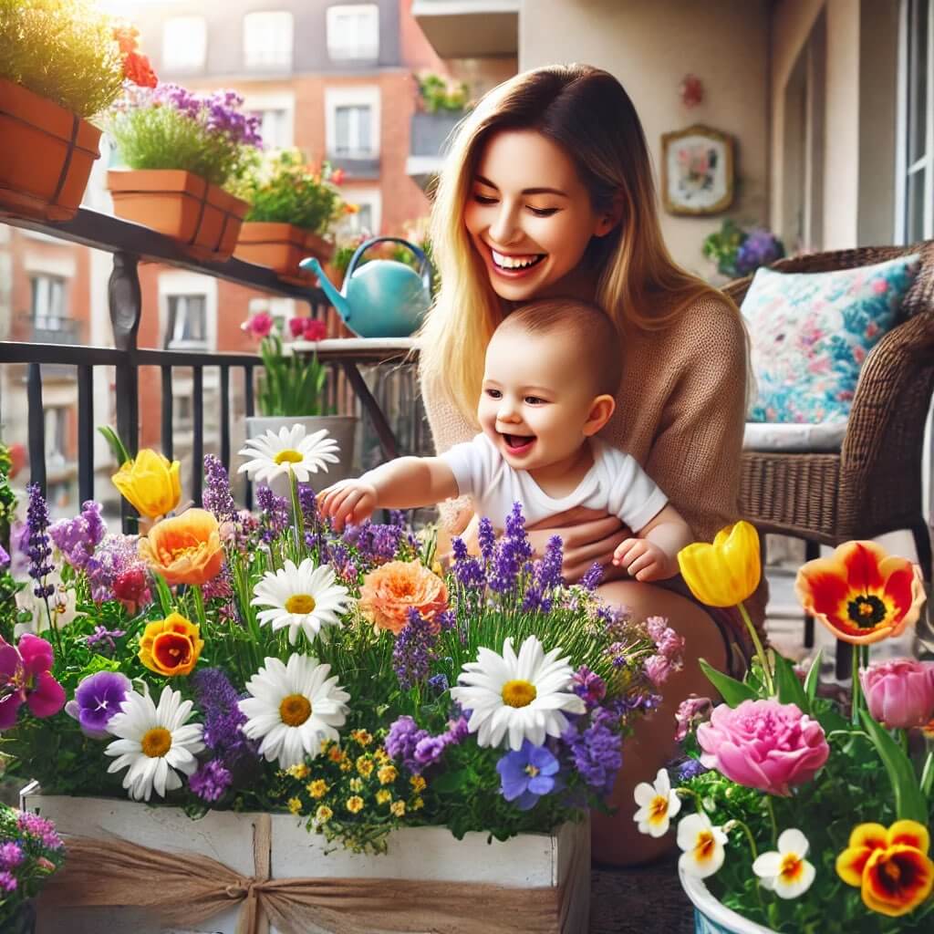 봄꽃으로 가득 채운 베란다에서 웃고 있는 모녀