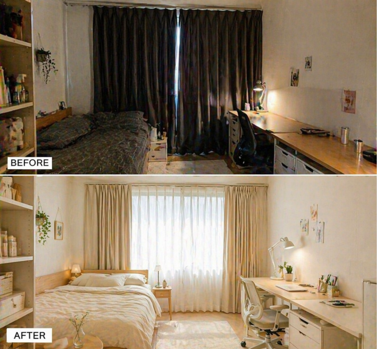 원룸에서 밝은 커튼으로 바꿔 더 넓고 환하게 보이게 만든 자취방 모습