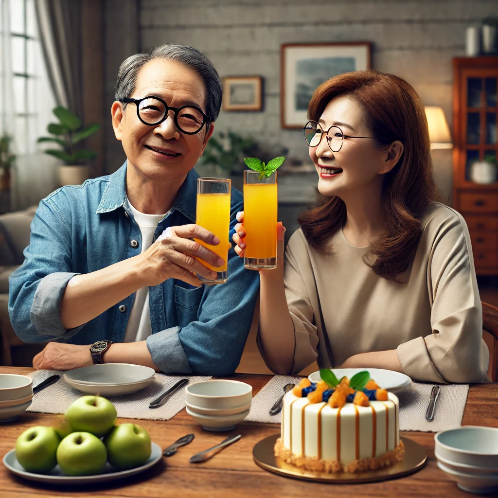 식탁에서 주스 잔을 들고 작은 성취를 축하하는 중년 부부