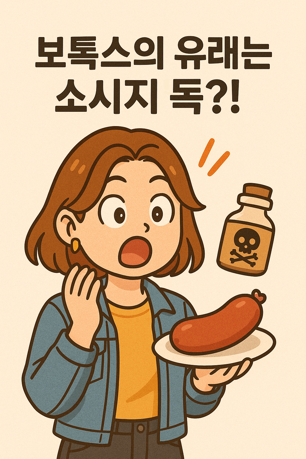 소시지와 독약 병을 보고 놀라는 여성 캐릭터 &ndash; 보톡스의 기원과 현재 활용을 상징하는 일러스트
