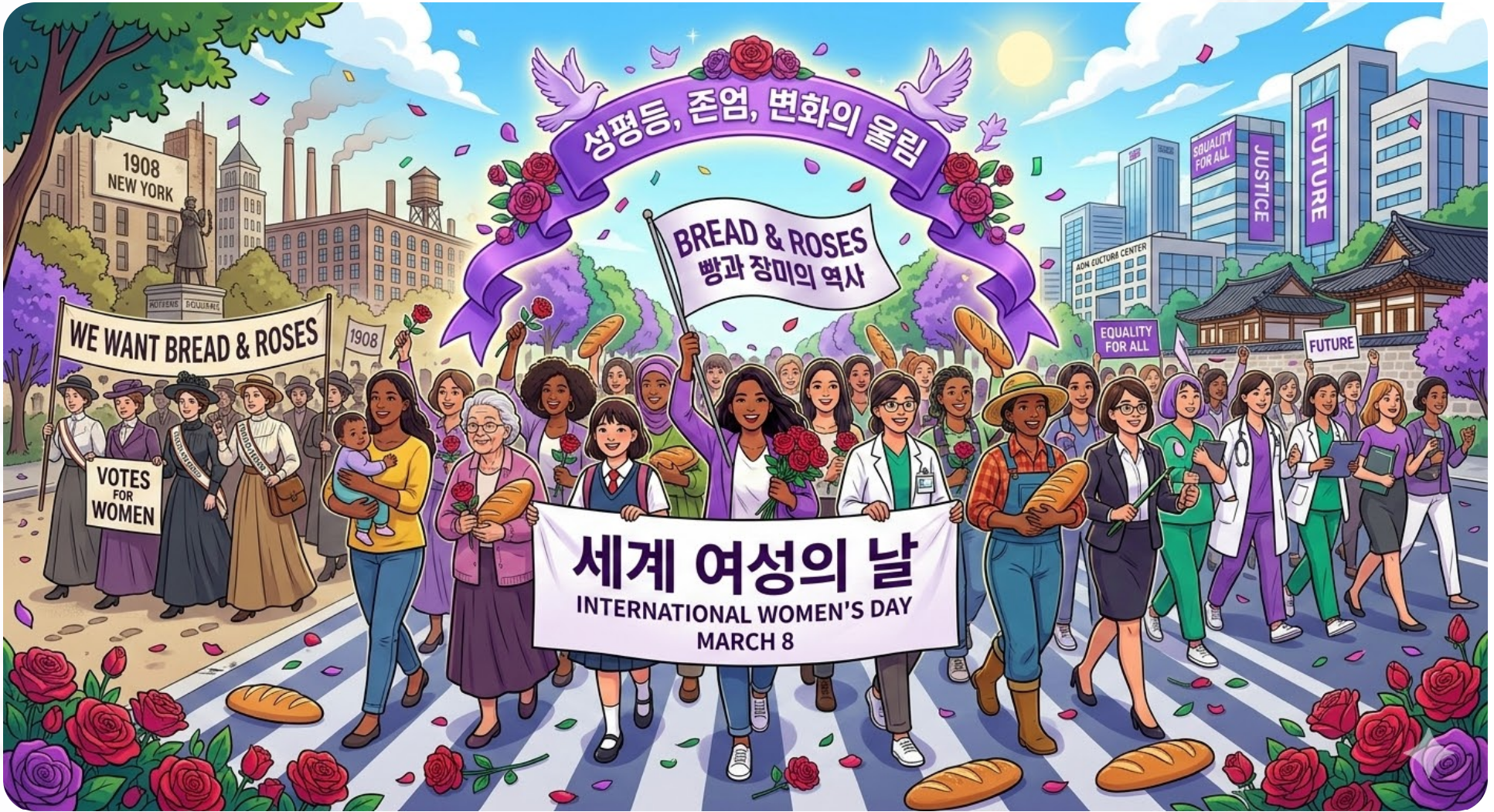 3월 8일 세계 여성의 날 유래와 의미: 빵과 장미가 전하는 118년의 울림