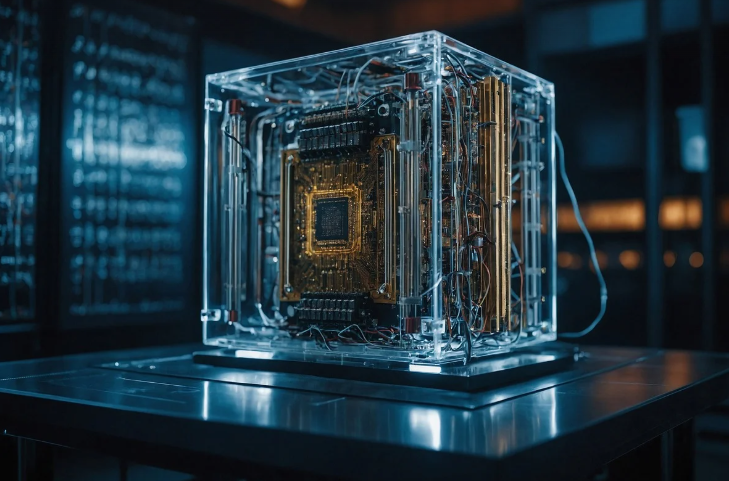 정육면체 유리 안에 있는 반도체칩