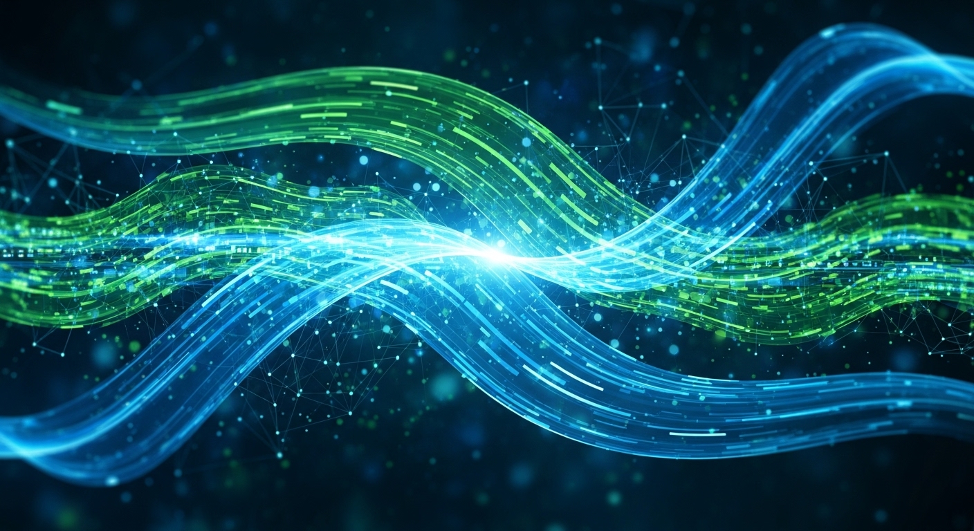 기술 혁신으로 재편된 산업 생태계를 시각화한 추상적인 이미지: 다양한 산업 분야의 데이터 흐름과 기술 통합