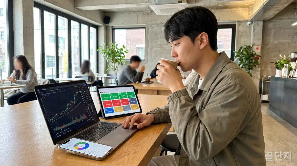 다양한 금융 상품이 보이는 여러 화면을 보는 한국 사회초년생