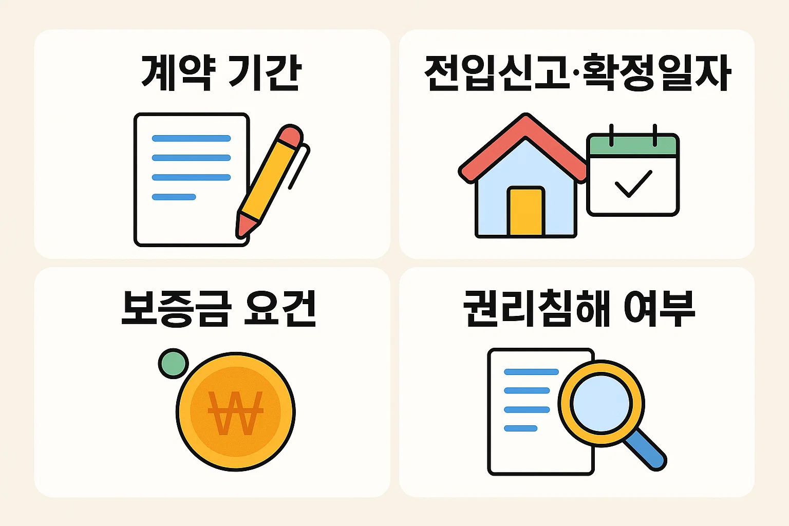 전세보증보험 가입 전에 반드시 점검해야 하는 계약 조건, 전입 요건, 보증금 기준, 권리침해 요소 등을 시각적으로 정리해 가입자의 실수를 줄이고 준비도를 높이도록 구성된 체크리스트 인포그래픽 이미지