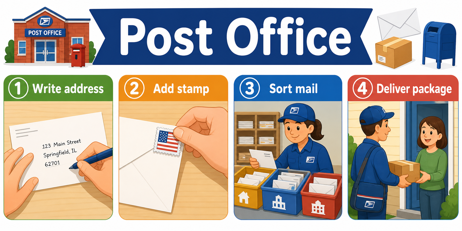 Infographic explaining post office, address, stamp, package, sorting, and delivery