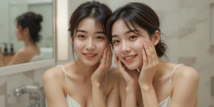 욕실에서 커플이 함께 스킨케어 하는 모습