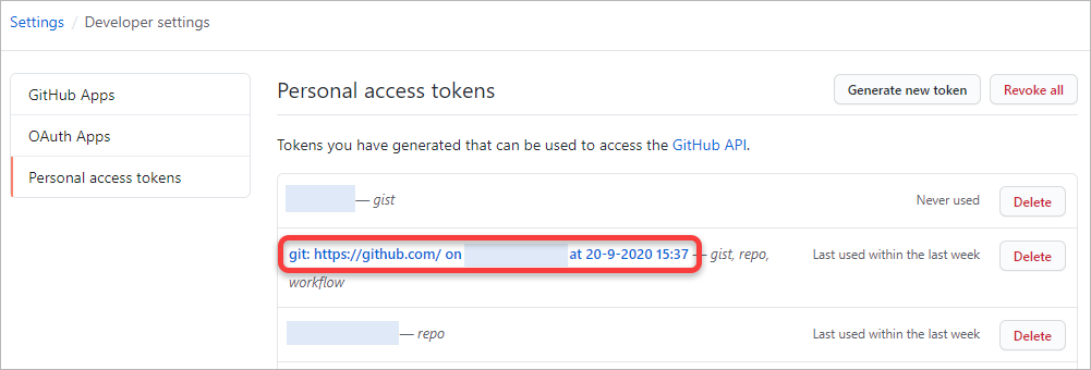 발급받은 개인 액세스 토큰 선택