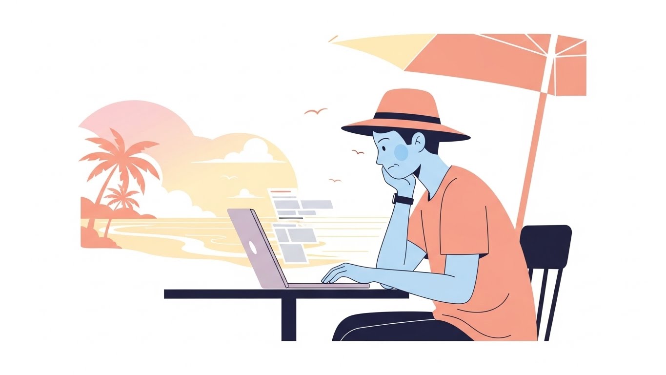 노트북과 여권이 놓인 책상, 디지털노마드의 시작을 상징하는 장면입니다.