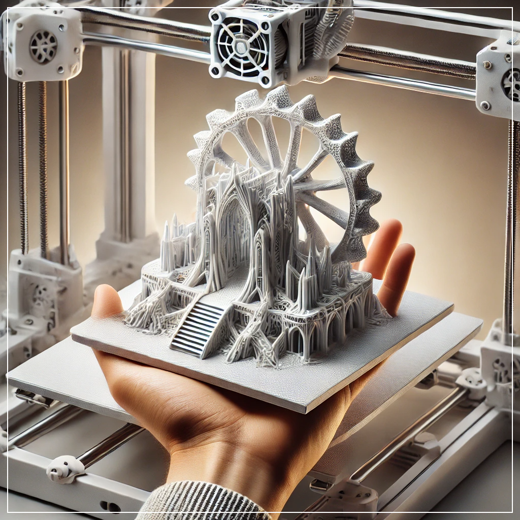 완성된 3D 프린팅 출력물이 프린터에서 제거되는 모습