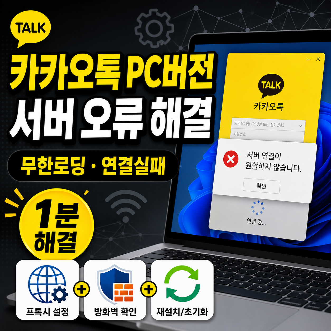 카카오톡 PC버전 서버 오류 해결 방법을 안내하는 썸네일 이미지로, 노트북 화면에 카카오톡 로그인 창과 &lsquo;서버 연결이 원활하지 않습니다&rsquo; 오류 팝업이 표시되어 있으며, 무한로딩&middot;연결실패 해결 방법으로 프록시 설정, 방화벽 확인, 재설치 및 초기화 아이콘이 함께 배치되어 있다.