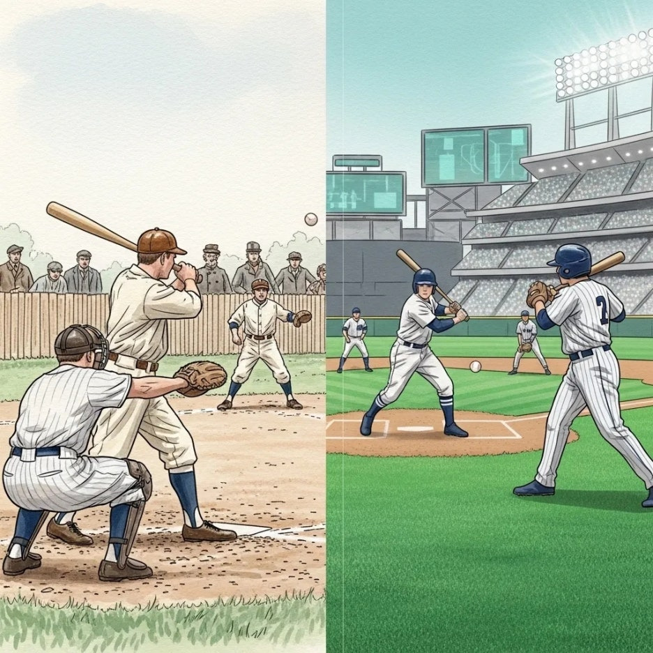 과거와 현재의 야구 경기를 대비하여 보여주는 그림