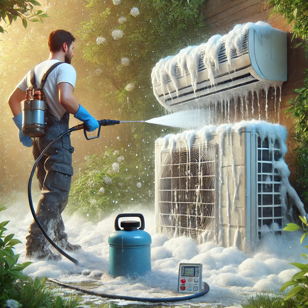 야외 벽걸이형 에어컨 고압세척 장면