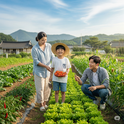 남자 초등학생이 부모님과 함께 농부체험을 하며 활짝 웃고있다