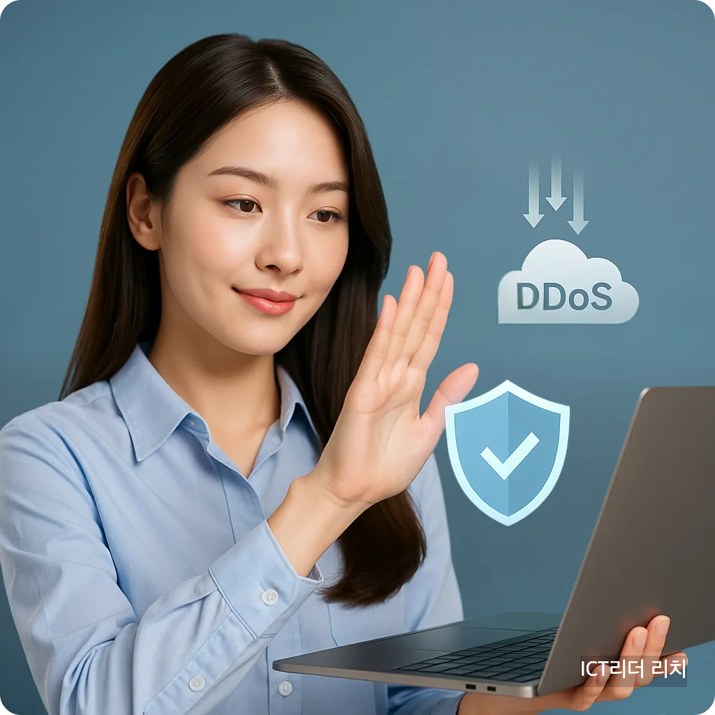 DDoS 공격을 차단하는 젊은 여성의 보안 개념 이미지