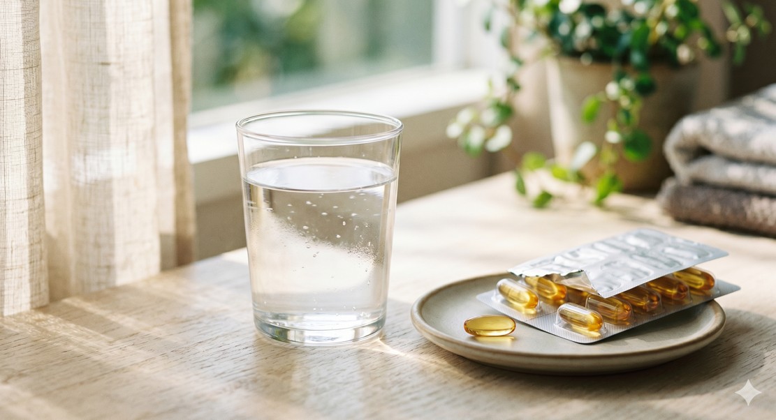 신선한 물 한 잔과 함께 놓인 스쿠알렌 캡슐의 정물 사진