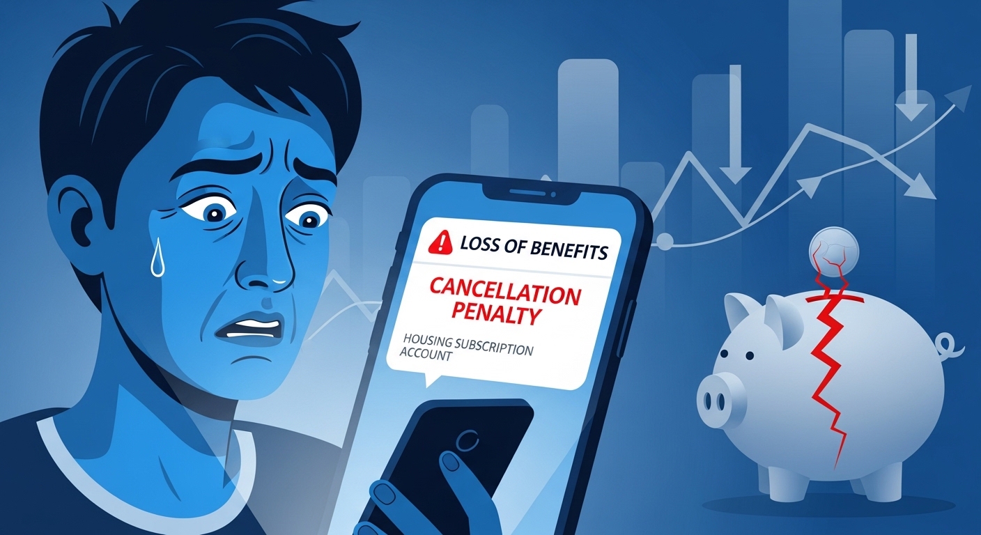 주택청약 해지로 인해 발생할 수 있는 납입 횟수 소멸, 금리 손실 등의 불이익을 걱정하는 사람의 모습과 경고성 메시지가 담긴 스마트폰 화면.