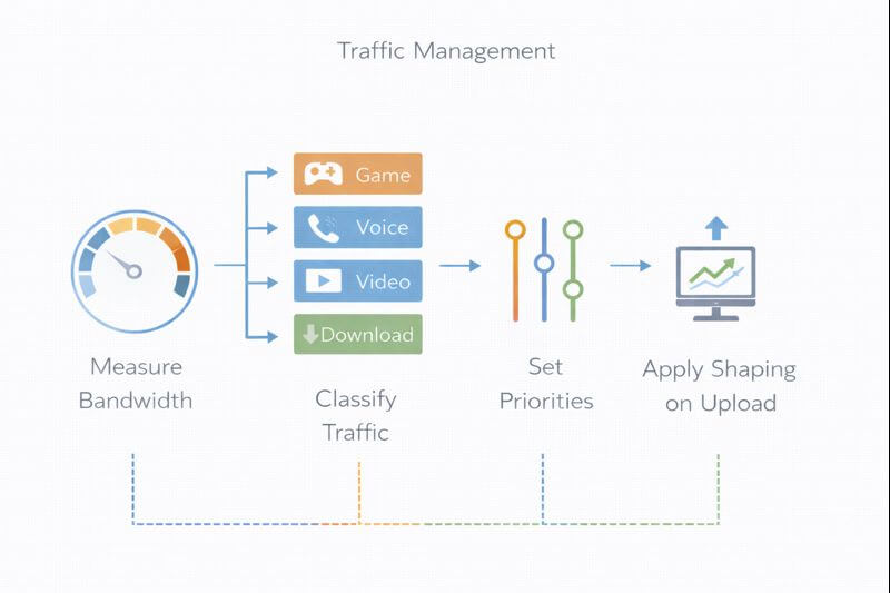 전산학 네트워크 장비가 트래픽을 분류하고 우선순위를 적용한 뒤, 혼잡을 줄이기 위해 속도 제한과 큐 처리를 거쳐 전송하는 과정을 단계별로 정리한 다이어그램