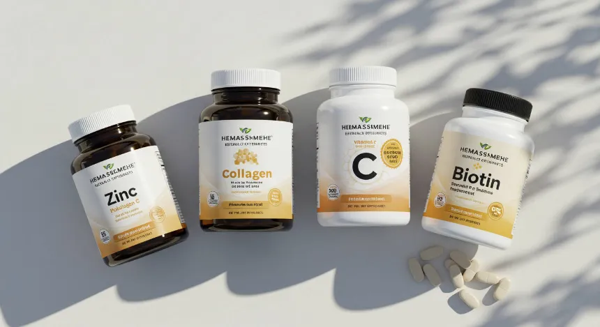 아연, 콜라겐, 비타민C, 비오틴 영양제가 같이 놓여있는 이미지