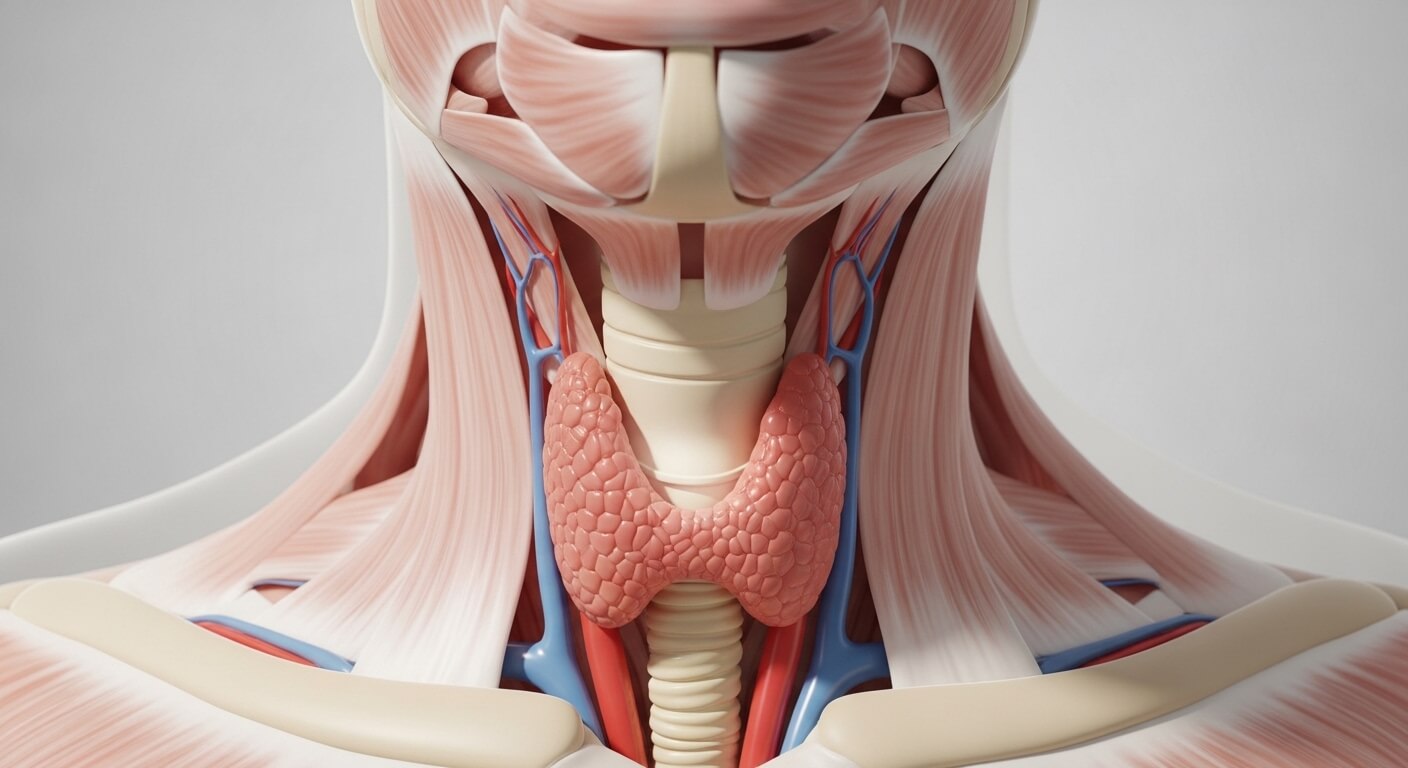 갑상선이 위치한 목 앞쪽 해부 구조를 보여주는 3D 의료 일러스트, 기관과 혈관 사이에 나비 모양의 갑상선이 선명하게 표현된 이미지