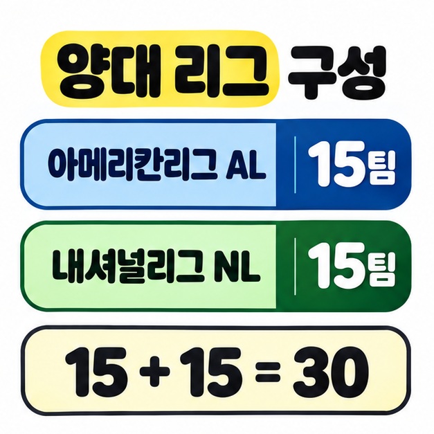 아메리칸리그 AL 15팀과 내셔널리그 NL 15팀을 같은 크기의 막대로 비교하고 합계 30을 표시한 도식