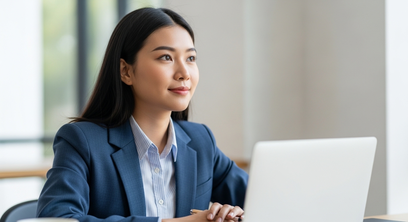 미래를 응시하며 노트북 앞에 앉아 창업 아이디어를 구상하는 젊은 아시아 여성