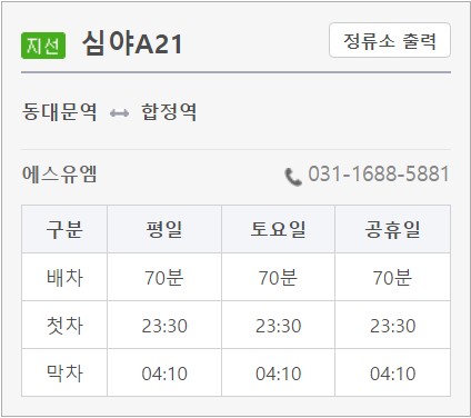 심야A21번 버스 노선, 운행 시간 정보