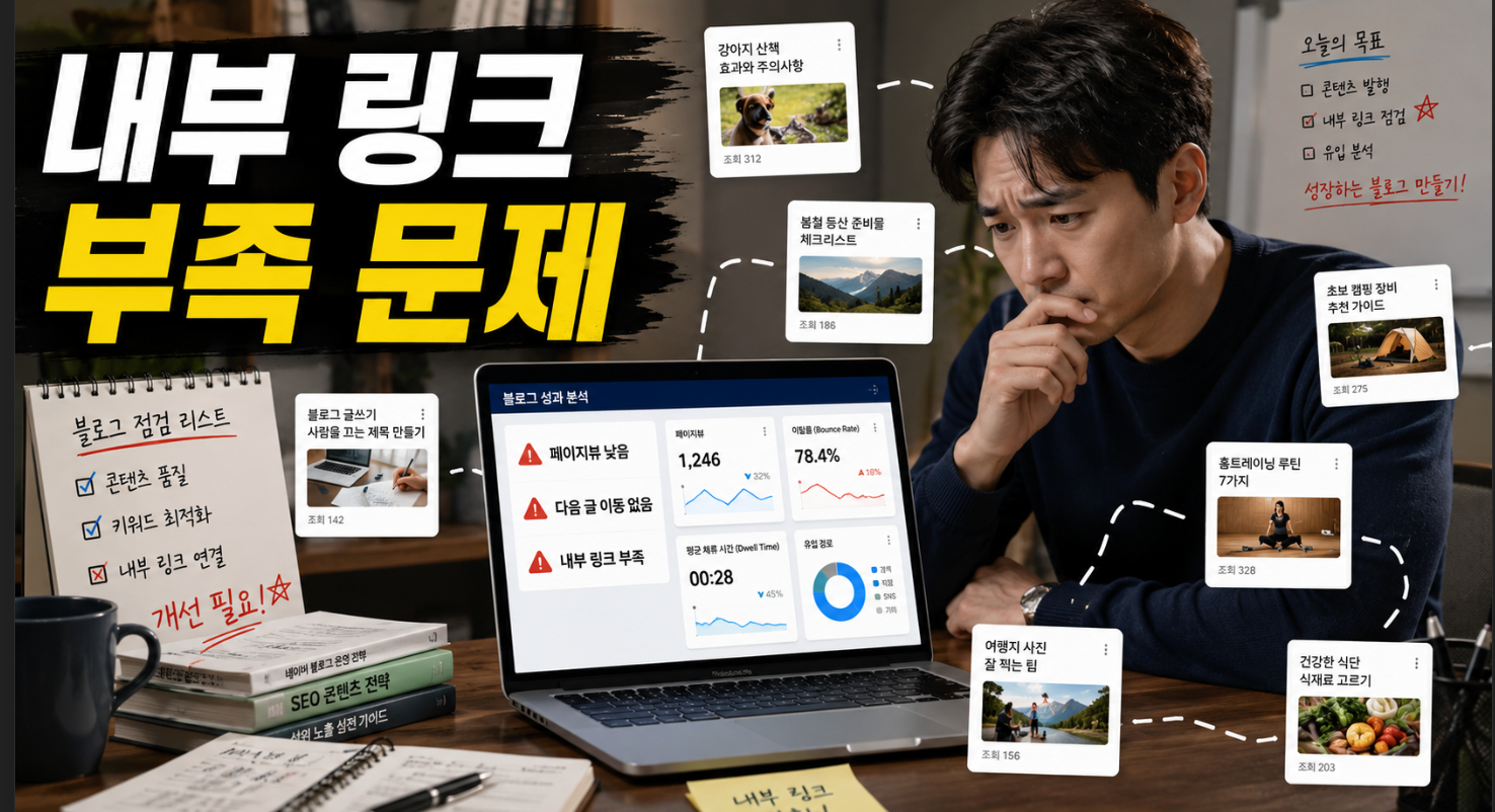 내부 링크 부족으로 블로그 체류시간이 낮아지는 문제 상황 이미지
