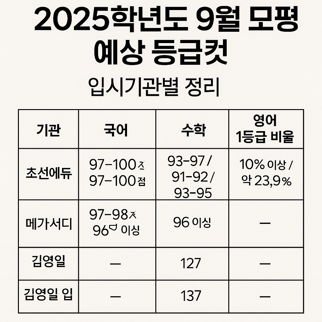 2025학년도 9월 모평 예상 등급컷｜입시기관별 정리