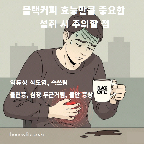속쓰림을 느끼는 남성이 블랙커피 잔을 들고 있는 모습, 블랙커피 과다 섭취 시 주의해야 할 부작용을 표현한 장면