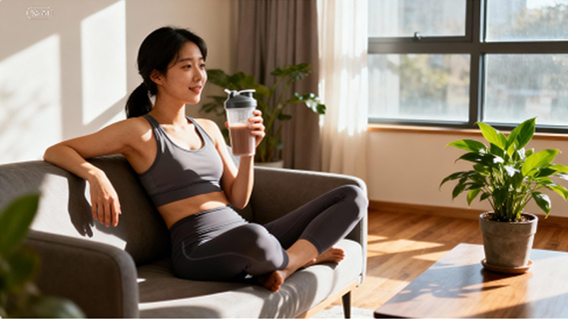 운동 후 햇살이 비치는 거실에서 단백질 셰이크를 마시는 한국 여성의 모습. 식물과 함께한 편안하고 건강한 분위기의 사진.