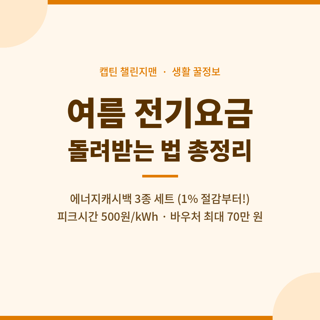 2026 여름 전기요금 절약 방법 &mdash; 에너지캐시백 3종 세트와 에너지바우처 안내 인포그래픽