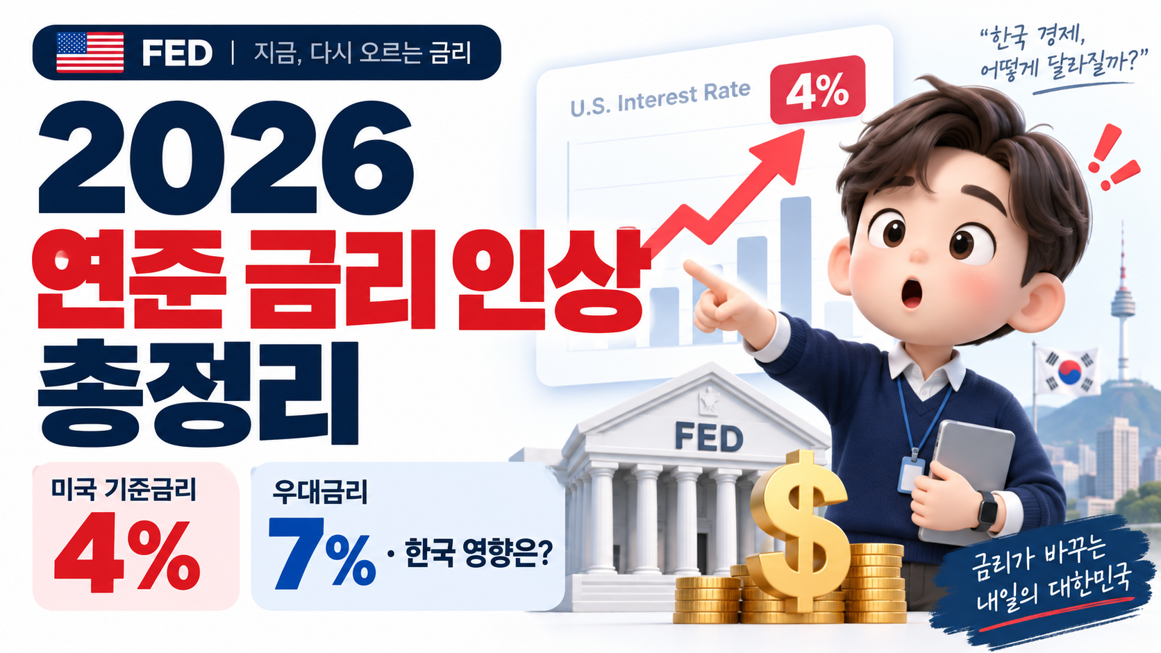 연준 기준금리 인상｜미국 기준금리 4%&middot;우대금리 7%&middot;한국 영향은? 2026