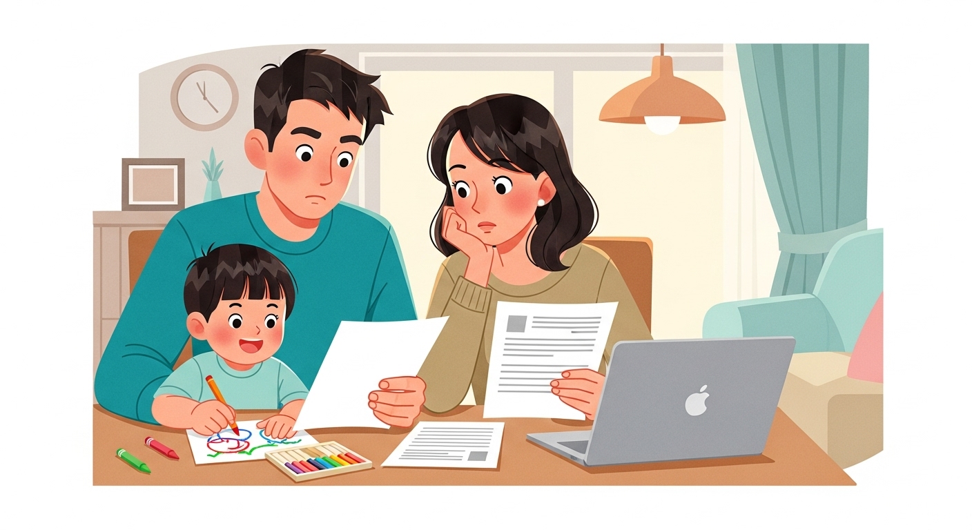 소아암 환아 가정이 치료비 지원 서류를 확인하고 상담하는 모습을 따뜻하게 그린 일러스트
