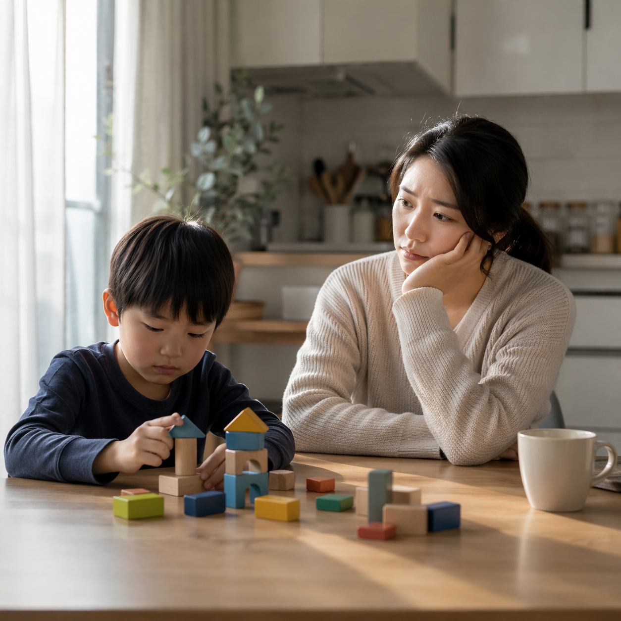 아이의 행동과 사회성 문제를 고민하며 정보를 검색하는 부모의 모습