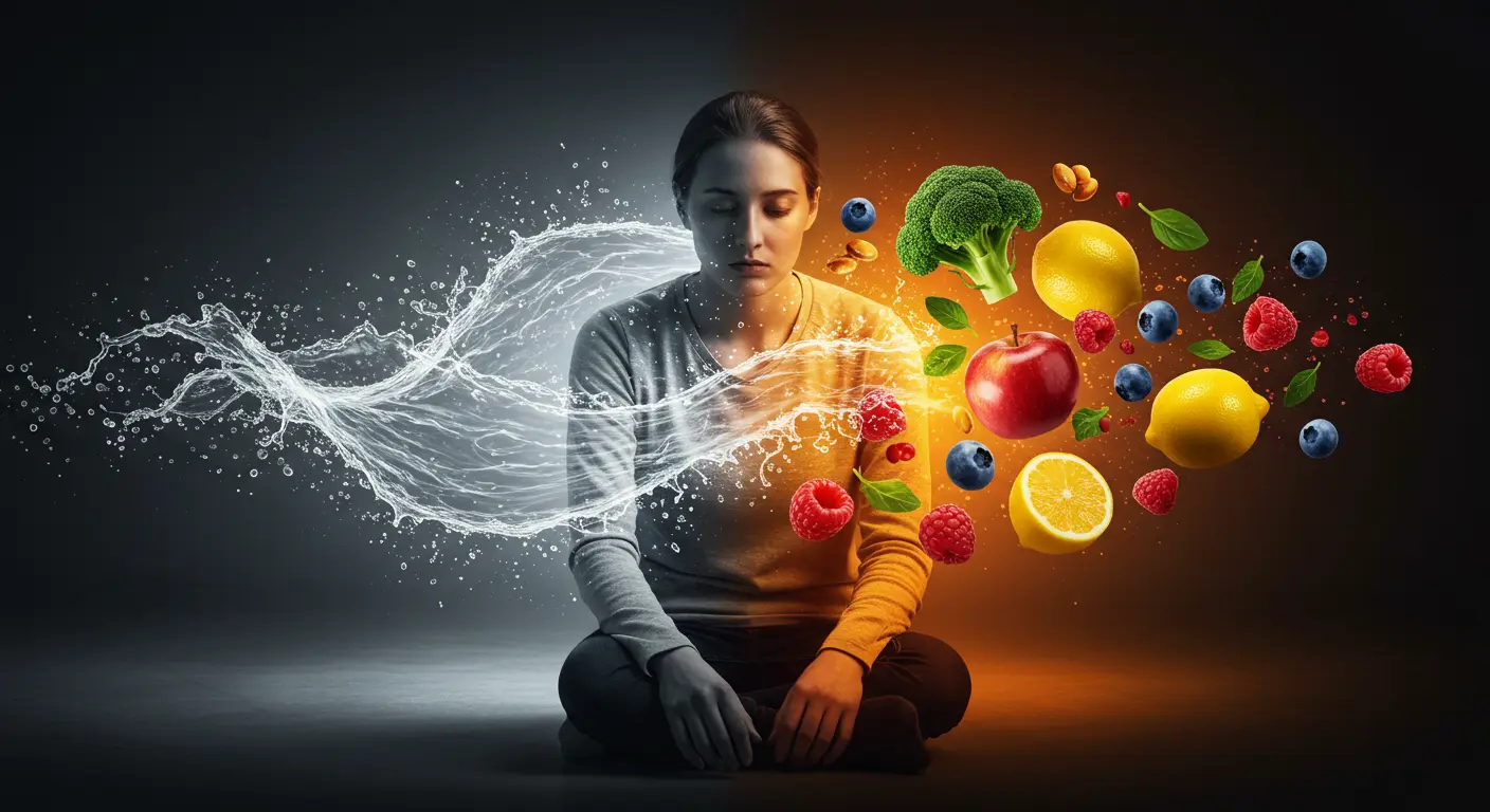 피로에 지친 회색 모습에서 신선한 과일과 채소로 활력을 되찾는 변화 과정을 보여주는 초현실적 이미지