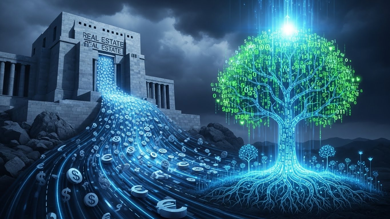 A conceptual digital art showing money flowing from a heavy stone building (Real Estate) to a growing digital tree (Stock MarketISA), blue and grey tones, high quality.
