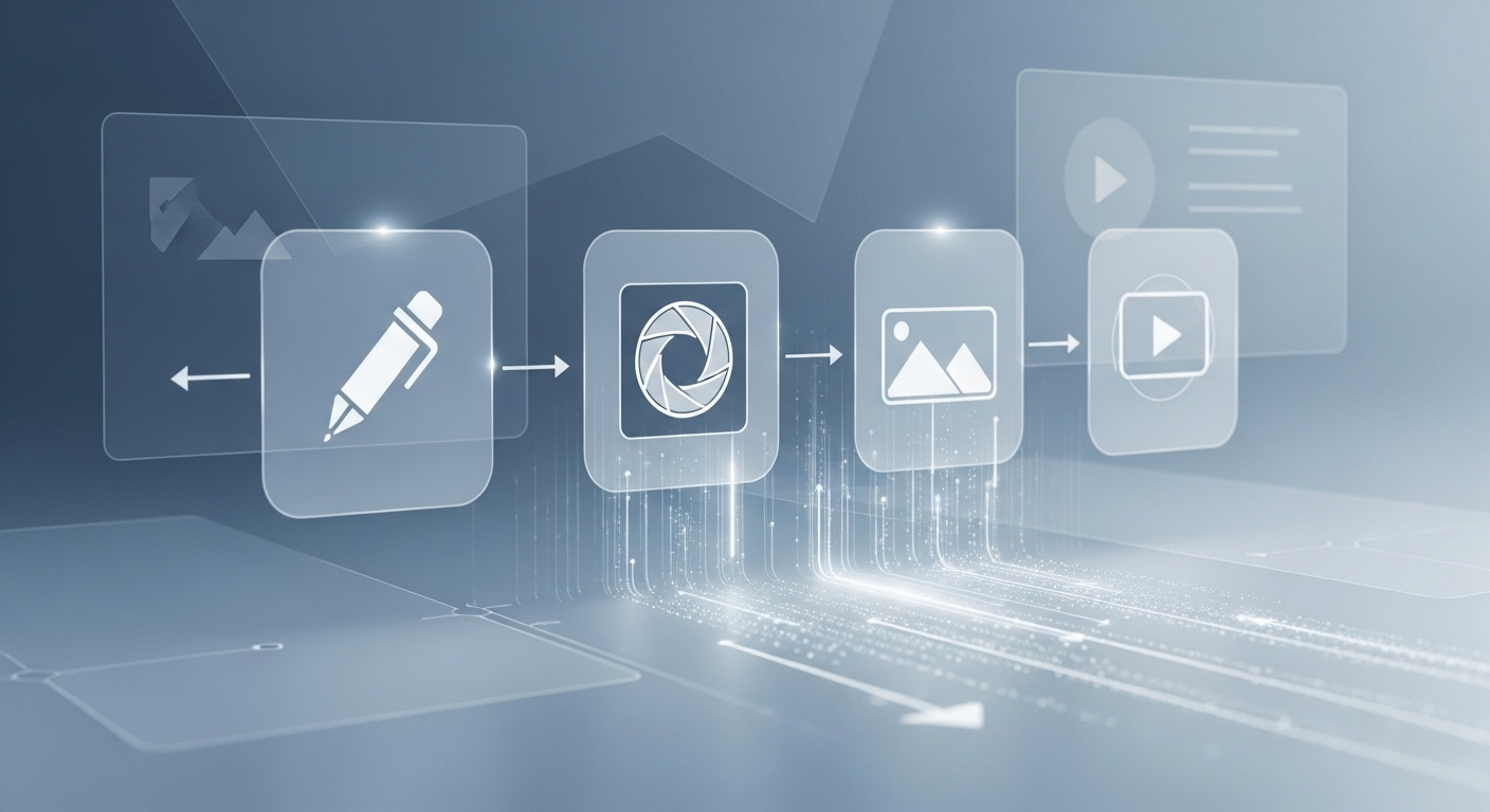 다양한 AI 툴들이 유기적으로 연결되어 콘텐츠 제작 워크플로우를 효율화하는 디지털 일러스트레이션.