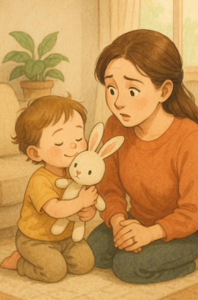 "역할놀이 중 인형에게 감정을 표현하는 외동아이와 함께하는 엄마