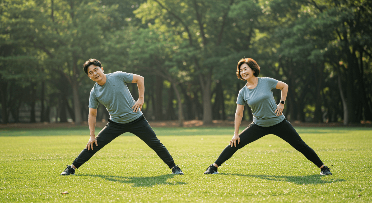 공원에서 스트레칭을 하며 관절 건강을 관리하는 중년 한국인 남성과 여성
