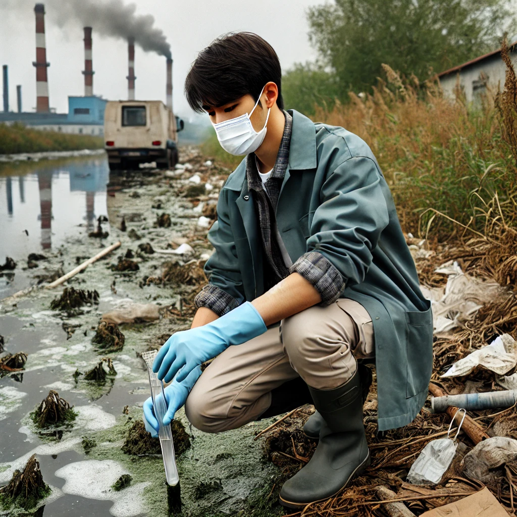 환경관리 전문가가 오염된 하천에서 샘플을 채취하고 있다.