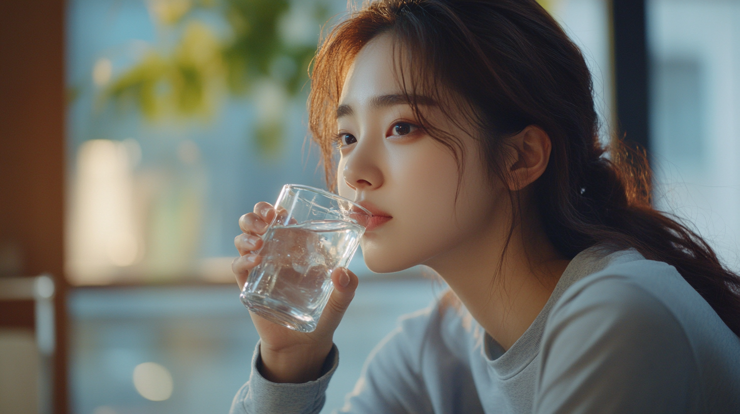 깨끗한 물을 마시고있는 건강한 미인