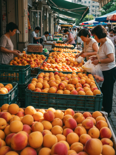장에서 살구를 구매하는 손님들